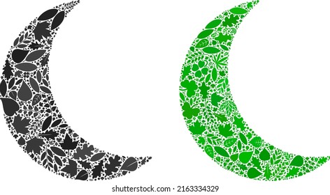 Eco moon icon composition of herbal leaves in green and natural color shades. Ecological environment vector template for moon icon. Moon vector image is formed of green herbal elements.