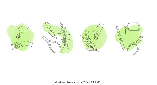 Eco Nail studio logo. Different manicure equipment, ecological polish and bio remover, women hands, botanical elements. Green watercolor drops on background. Emblem or badge elegant design vector set