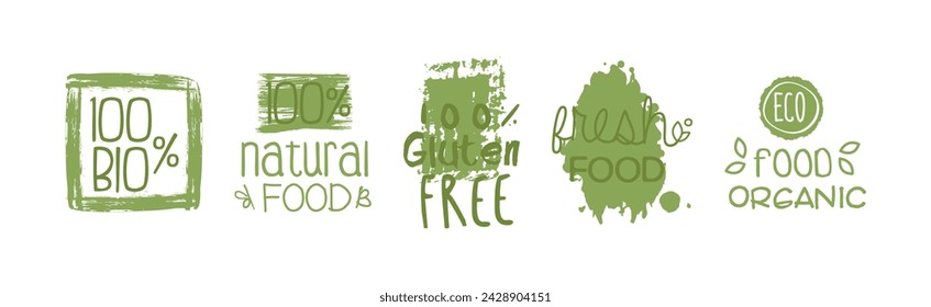 Eco Natural Food Green Label and Emblem Vector Set