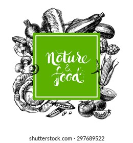 Eco natural food menu background. Sketch hand drawn vegetables frame. Vector illustration