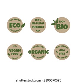 Eco, natural product, bio, vegan food, organic, GMO-free stickers with green leaves. Logo, stamp, label. Ecology of the icon. Organic products. Vector illustration.