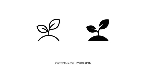 Eco Natural Seed, Agriculture Organic Growth Leaf on Soil. Eco Friendly Farm Plant Growing sprout line and flat icons set, editable stroke isolated on white, linear vector outline illustration, symbol