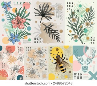 Eco nature colorful set posters with tropical flower buds and palm petals near bee and eagle head vector illustration