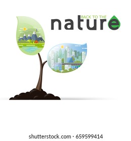 Eco and nature concept flat design.Green city and green living in leaf shape of seedling plant.Vector illustration.