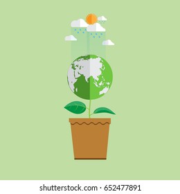 Eco and nature concept flat design.With earth in plant shape growth from pot in ecosystem conservation concept design.Vector illustration.