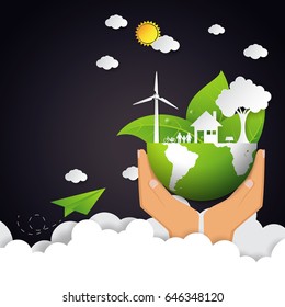 Eco and nature concept with hand holding the green earth.Vector illustration.