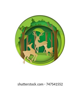 Eco and nature concept paper art style design.Deers family joyful in green forest with wildlife conservation concept.Vector illustration.