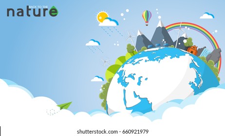Plantilla de concepto ecológico y natural.Diseño plano del paisaje de vacaciones de verano.Ilustración vectorial.