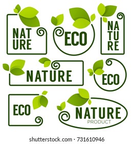 Eco and Nature green fresh leaves emblems, elements,  frames and logo
