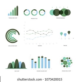 Eco Nature Green Infographic Elements Vector Graphic Chart Collection. Diagram, Pie Chart Statistic Bar Timeline Business Success Plan Design. Circle Graphic, Info Visualization, Infographic Elements