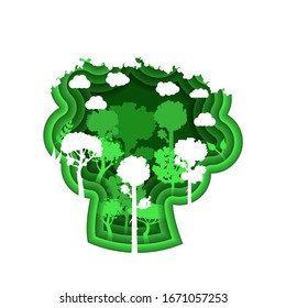 Eco Nature Green Tree Forest Paper Cut Vector WIth Clouds Nature