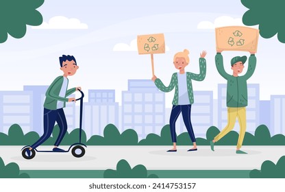 Eco and Nature with Happy Man and Woman Character with Recycle Banner Vector Illustration