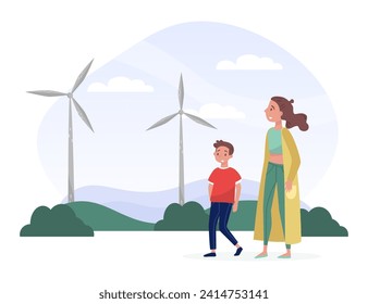 Eco and Nature with Happy Woman with Kid Character Walking Near Windmill Electricity Generator Vector Illustration