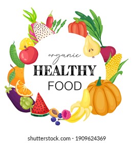 eco nature healthy food. vector vegetables and fruits. hand drawn colourful illustration. grocery poster
