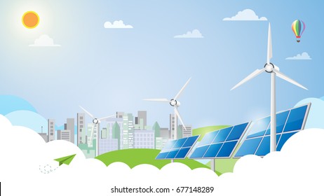 Eco and nature landscape concept template.Renewable energy for green city environment conservation flat design.Vector illustration.