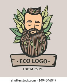 Eco nature logo. Hipster head with blooming beard with leafs. Hand-Drawn Vector Illustration. Bearded man emblem for eco products.