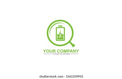 Eco Nature magnifier and battery vector logo template for environment and energy industrial, research and development renewable energy