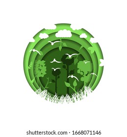 Eco Nature Tree Forest Bird Paper Cut Vector