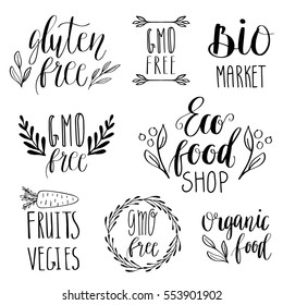 Eco, nature, vegan, bio food logos. Handwritten lettering. Vector elements for labels, badges, stickers or icons. Calligraphic and typographic collection