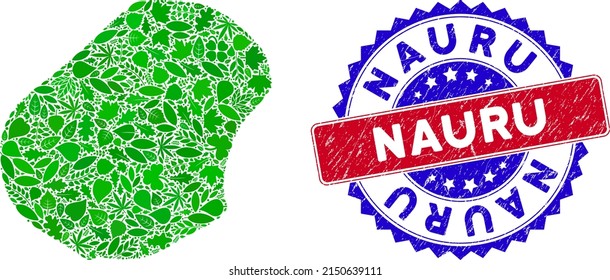 Eco Nauru map collage of plant leaves in green color tinges and grunge bicolor Nauru stamp. Red and blue bicolored stamp with scratched texture and Nauru slogan.