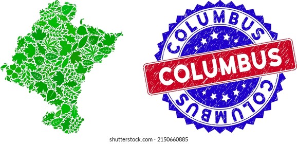 Eco Navarra Province map collage of herbal leaves in green color variations with grunge bicolor Columbus stamp. Red and blue bicolored stamp with distress texture and Columbus slogan.