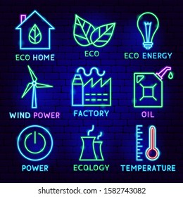 Eco Neon Label Set. Vector Illustration of Energy Promotion. 