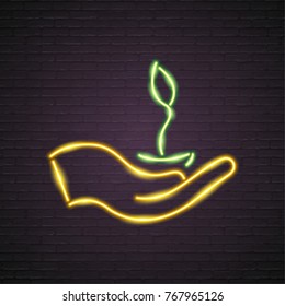 Eco Neon Light Hand and Leaf Symbol Graphic Vector Illustration 