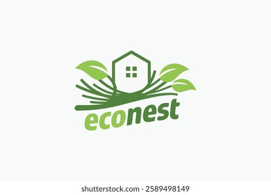 eco nest logo with a combination of a simple house and a bird's nest on a tree branch.