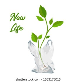 eco new life - Stem growing from the cellophane package. recycling plastic waste.say no to plastic concept. decomposing polyethylene. isolated vector illustration