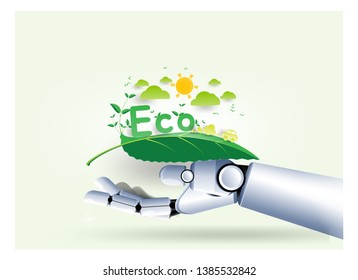 Eco no plastic environmental with robotic technology to preserve the world elements for sustainable energy development Vector