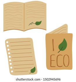 Eco notebook. Zero waste study. School program, botanica. Safe planet. Element for logo, game, print, poster or other design project. Vector illustration