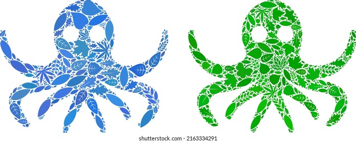 Eco octopus icon mosaic of herbal leaves in green and natural color shades. Ecological environment vector template for octopus icon. Octopus vector image is created from green herbal items.