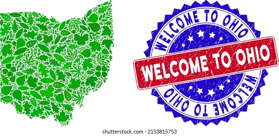 Eco Ohio State map collage of herbal leaves in green color tones and grunge bicolor Welcome to Ohio stamp. Red and blue bicolored stamp with unclean surface and Welcome to Ohio phrase.