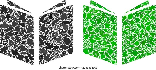 Eco open book icon collage of floral leaves in green and natural color tints. Ecological environment vector template for open book icon. Open book vector image is organized from green herbal elements.