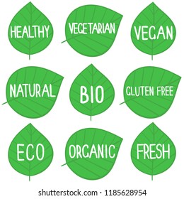 Eco, organic, bio, fresh, natural, vegan, vegetarian, gluten free signs. Tags set for packaging, cafe etc. Vector illustration
