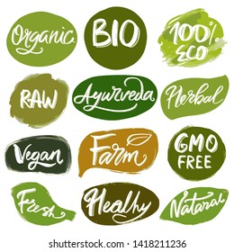 Eco, organic, bio logos or signs. Vegan, raw, healthy food badges, tags set for cafe, restaurants, products packaging etc