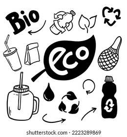 Eco and organic doodles - icons. Ecology and recycling illustration.