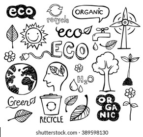 Eco and organic doodles - icons. Ecology, sustainable development, nature protection.