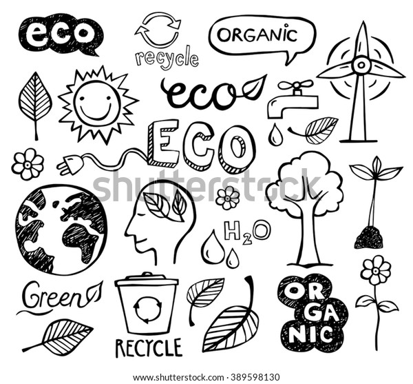 Eco Organic Doodles Icons Ecology Sustainable Stock Vector (Royalty ...