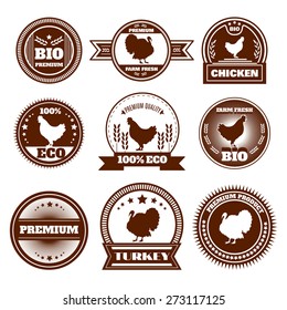Eco organic farm free range chicken turkey premium quality production emblems icons set abstract isolated vector illustration
