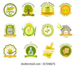 Eco organic farm quality  fresh products for healthy natural food emblems icons set abstract isolated vector illustration