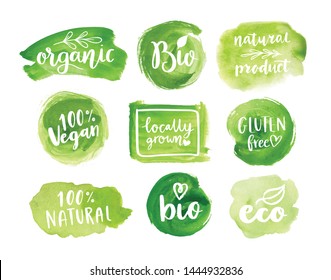 Eco, organic food labels. Vector green abstract hand drawn watercolor background. Natural, organic food, bio, eco design elements.