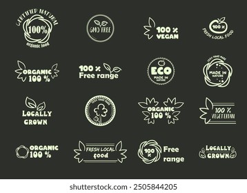 Eco organic icon symbol set. Editable stroke. Vector stock illustration isolated on black background for packaging design in beverages and food or vegetables