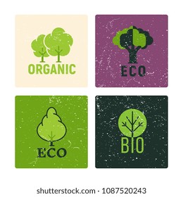Eco and organic labels of set vector design with grunge elements illustration