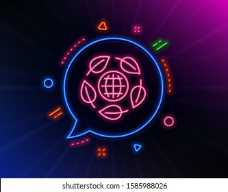 Eco organic line icon. Neon laser lights. Bio cosmetics sign. Fair trade symbol. Glow laser speech bubble. Neon lights chat bubble. Banner badge with eco organic icon. Vector