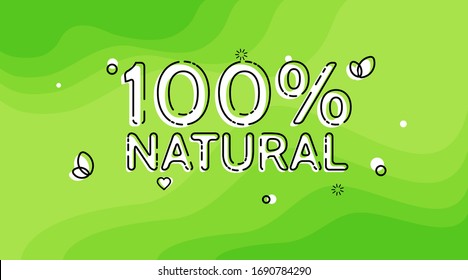 Eco, organic, natural, 100 %, green. Cover, banner, poster, flyer and sticker concept, geometric memphis style with text. Vector Illustration Background