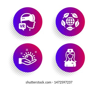Eco organic, Sunny weather and Augmented reality icons simple set. Halftone dots button. Hospital nurse sign. Bio ingredients, Hold sun, Virtual reality. Medical assistant. Science set. Vector