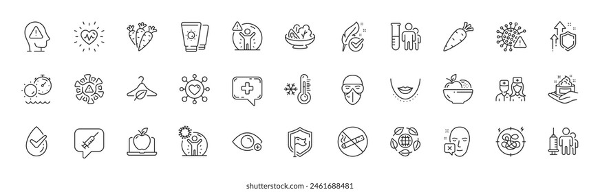 Iconos ecológicos, tiempo de bronceado y línea de salud mental. Paquete de citas, distancia social, icono dermatológicamente probado. Visión de futuro, Frutas, Análisis médico pictograma. Iconos de línea. Vector