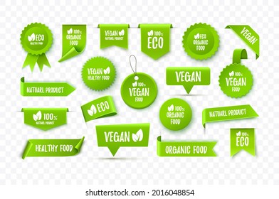 Eco organic vector labels tags. Vegan food signs are isolated on white background. Vector illustration