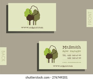 Eco, organic visiting card template. For natural shop products and other bio, organic business, themes etc. Ecology theme. Eco design. Vector illustration. 